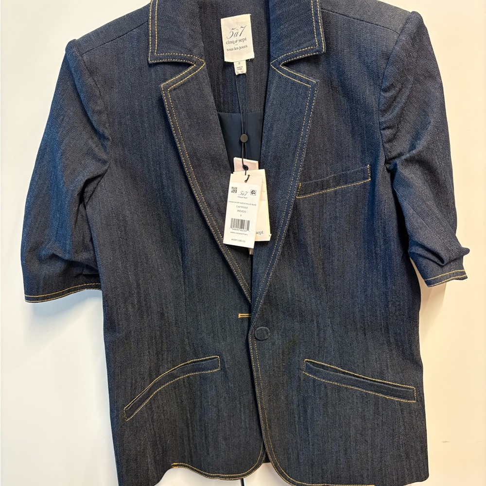 Cinq à Sept Denim Blazer with Gold Stitching